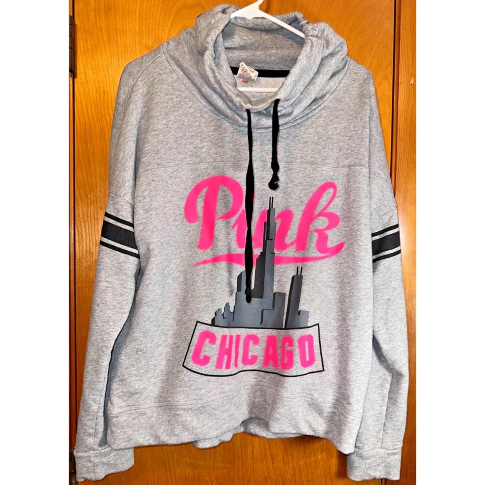 Victorias Secret PINK Chicago Skyline Womens‎ Cowl Neck Hoodie Gray Large